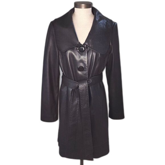 $695 Classiques Entier Black Leather Jacket Trench Coat Tie Waist Size M - Picture 1 of 10